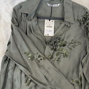 Zara Olive Embroidered Shirt
